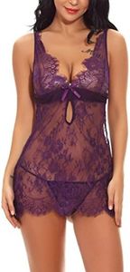 Nicetage Women's Black Floral Lace Chemise Lingerie Sexy See Through Sheer Eyelash Baby Doll Set (LF01-973 Purple M)