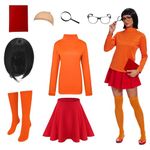 Velma adult Costume Halloween Sexy Women Orange turtleneck Top,Classic Bob Wig,Stockings,Skirt,Glasses Set (Small)