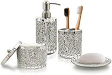 LushAccents Bathroom Accessories Set, 4-Piece Decorative Glass Bathroom Accessories Set, Soap Dispenser, Soap Tray, Jar, Toothbrush Holder, Elegant Silver Mosaic Glass