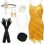 PLULON Women's 1920s Gatsby Sequin Fringed Vintage Flapper Dress Cocktail Party Dress with 20s Accessories Costume Set for Evening Prom (Gold)