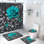 Coxila Teal Floral Shower Curtain Sets Turquoise Aqua Flower Rose Grey Bath Mat 4 Pcs Decor Bathroom Mat Toilet Lid Cover U Shaped Non-Slip Rug Fabric Polyester 60x72 Inch with Twelve Plastic Hooks