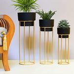 W A Handicrafts Modern Metal Floor Flower Stands for Living Room Bedroom Display Plant Stand Tall Indoor Plant Stand with Planter Pot | Set of 3, Black |