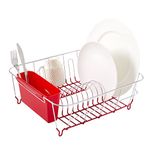 Sweet Home Collection Metal 2 Piece Dish Drying Rack Set Drainer with Utensil Holder Simple Easy to Use Fits in Most Sinks, 14.5" x 13" x 5.25", Red