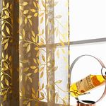 Deeprove Sheer Curtains 84 Inches Long 2 Panels Set, Gold Foil Print Metallic Vine Leaves Window Treatments for Bedroom, Xmas Decor Privacy Golden Drapes Pair, Rod Pocket, 52" W x 84" L, Taupe Brown