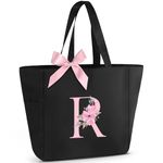 Vavabox A-Z Initial Personalized Tote Bag,Waterproof Gifts for Women, Bridesmaids,Mom,Teachers,Friends (R, Black)