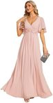 Ever-Pretty Women's Chiffon A-Line Ruched Short Sleeves Applique Waist V Neck Mother of The Bride Dresses Pink US16