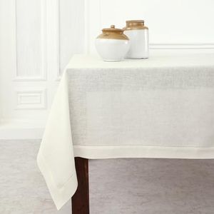 Solino Home 100% Pure Linen Tablecloth Ivory, Classic Hemstitch 60 x 156 in
