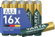 VARTA Power on Demand Rechargeable Battery Ready2Use Pre-Charged AAA Micro 1000 mAh Ni-Mh Battery, Rechargeable without Memory Effect, Ready to Use, Pack of 16