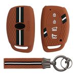 Keyzone® Striped Silicone Key Cover Compatible for i20 2020, Venue, Elantra, Tucson, I20 N Line 2021, Creta 2020 (4 Button Smart Key, Brown with Brown Striped Keychain)