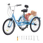 VEVOR Adult Tricycles Bike, 7 Speed Adult Trikes, 24 Inch Three-Wheeled Bicycles, Carbon Steel Cruiser Bike with Basket and Adjustable Seat, Picnic Shopping Tricycles for Seniors, Women, Men (Blue)