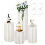 4Pcs Foldable Cylinder Pedestal Stand with Acrylic Disc for Parties, Columns Pedestal Display Stands, 39.4/31.5/23.6/15.7In Round White Cylinder Wedding Centerpiece Cardboard Roman Pillar for Birthday Party Wedding Decoration