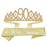 EBE EmmasbyEmma 90th Birthday Sash and Tiara for Women - Fabulous Glitter Sash + Loops Rhinestone Gold Premium Metal Tiara for Her, 90th Birthday Gifts for 90 Celebration