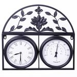 Highgrove Garden Wall Clock & Thermometer, Weatherproof Outdoor Clock, Powder Coated Steel, Classic Floral Design, Durable Weather Resistant, Black or Cream (Sleek Black)