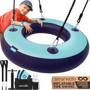 SereneLife 36” Inflatable Tire Swing with Hang Kit, 600lbs Capacity Heavy Duty Tire Swing with UV and Puncture Resistance, 360 Swivel, Hand Pump, Adjustable Ropes, Carry Bag, Hangs on Trees and Posts