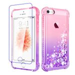 Pilaru Compatible with iPhone 5 / 5S/ SE 2016 (1rd Gen) Case, [with Screen Protector] Clear Liquid Heart Glitter Soft TPU Bumper Cover Transparent Girly Protective Phone Case for iPhone 5,Pink/Purple