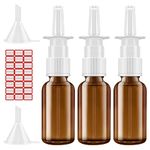 DEKEones Nasal Spray Bottle, 3 Pcs 30ML/1oz Glass Amber Empty Nose Spray Bottle, Small Refillable Nasal Sprayer with Funnels and Labels