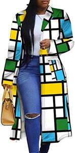 Women's Colored Geo Turn Down Collar Trench Coat Colorful Outerwear Cardigan Long Blazer Jacket(BE-S) Blue