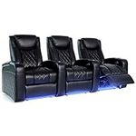 Octane Seating Azure LHR Home Theater Seating - Black Italian Leather - Straight Row of 3 - Power Headrest, Lumbar & Recline