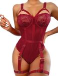 SSoShHub Women Lingerie Set Lace Teddy Strap Babydoll Bodysuit Bikini with Garter Belt One Piece Lingerie Naughty Strappy Lingerie Maroon