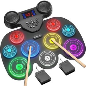 Electric Drum Set with 7 Colorful LED Light Patterns, Better Rebound Feel Electronic Drum Kit Featuring Bluetooth MIDI, 9 Drum Pads, and Dual Speakers, Christmas Birthday Gift for Kids Adult
