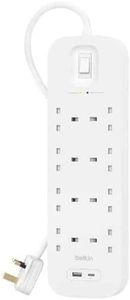 Belkin 8-Outlet Surge Protector Power Strip, Wall-Mountable with 8 AC Outlets, 2M Power Cord, & Green Indicator Light - USB-C Port & USB-A Port w/USB-C PD Fast Charging - 900 Joules of Protection