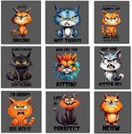 9pcs Funny Cat Quotes Iron On Transfer Decals Thermal Stickers for Clothing Appliqued Washable DIY Applique Iron On Heat Press Vinyl for Shirts Pillow Covers