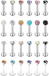 Suprsparkle 24 Pcs 16G Hypoallergenic Stainless Steel Labret Lip Monroe Medusa Stud Piercing For Women Men 3mm Cubic Zirconia Forward Helix Earrings Cartilage Tragus Piercing 6mm 8mm, Metal, cubic-zirconia