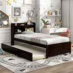 Olela Twin Bed with Trundle Bookshelf, Platform Twin Bed with Trundle with Bookcase Storage for Girls Boys, No Need Box Spring (Espresso)