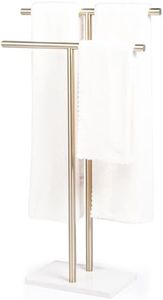 WISATO - Free Standing Towel Rack for Bathroom - Brushed Gold Finish - Stand Alone 2 Tier Stainless Steel Towel Rack for Bathroom Floor with Heavy Marble Base, Double T Shape Drying Stand for Towels