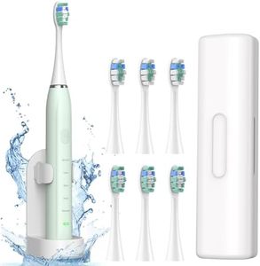 Cepillo de Dientes Eléctrico Sónico para Familia - Cepillo Electrico Adultos Infantil con 6 Cabezales y Estuche de Viaje, 5 Modos y Temporizador, Cepillos de Dientes Ultrasónicos, Verde Claro
