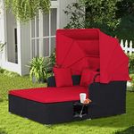 COSTWAY Outdoor Daybed with Retractable Canopy, Wicker Patio Furniture Set with Cushioned Pillows, Patio Rattan Daybed for Deck, Backyard, Poolside