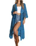 Bsubseach Women Navy Blue Mesh Cardigan Lace Beach Kimono Open Front Swimsuit Cover Ups Bikini Swimwear