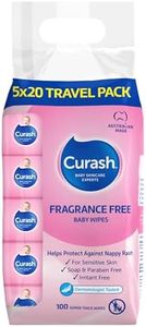 Curash Fragrance Free Baby Wipes - Ideal for Newborns - pH Balanced - For Sensitive Skin - Soap, Alcohol, Paraben & Irritant Free - Wet Wipes - Travel Pack - Baby Essentials - 5 x 20 Value Pack, 100 wipes