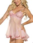 ROSVAJFY Women's Sexy Sheer Lace Babydoll Lingerie Dress Set,See Through Mesh Nightwear with Strappy Mini Dress with Bow Tie,Deep V Neck Chemise Nightgown, Hot Transparent Negligees Sleepwear (Pink)