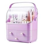 SUNFICON Makeup Holder Organizer with Lid Purple Cosmetic Storage Case Beauty Essential Box Dust Free Waterproof Cover Portable Handle Fully Open Drawers Bathroom Countertop Bedroom Dresser