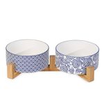 Selamica Ceramic 30 OZ Dog Bowls, Dog Food and Water Bowls with Wooden Stand, Anti-Slip Dog Dishes Set for Cats Small & Medium Sized Dogs, Weighted Pet Bowls Set of 2, Vintage Blue B