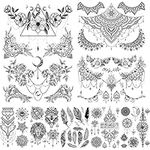 glaryyears 8 Sheets Mandara Chests Tattoos for Women, Black Flower Leaf Lion Wolf Dreamcatcher Designs Underboob Temporary Tattoo Stickers on Chest Waist Waterproof Body Art Large Size