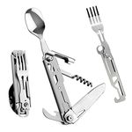 HONZIN Camping Utensil Set 5-in-1 Multi Functional Folding Flatware Set, Pocket Utensil Set Portable Stainless Steel Knife, Spoon, Fork, Bottle Opener, Can Opener Combo Set with Carrying Bag(1 Pack)