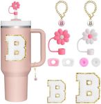 BABORUI 10Pcs Cup Accessories for Stanley Cup 40oz&30oz, Personalized Decoration with Straw Cover Cap, Spill Stopper, Embroidered Letter Sticker and Letter Charms, Initial Name ID for Stanley (B)