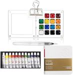 Mini Travel Watercolor Set Pocket Artist Watercolor Travel Set Grid Palette Box Sketch Book Brush Pens with Binder Clips for Painters Artists Students