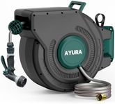 AYURA Retractable Garden Hose Reel 100 ft x 1/2 inch with Pro Metal Shaft, Heavy Duty Automatic Garden Hose Reel with Kink-Free Rewind and Lock at Any Length, Wall Mount Water Hose Reel for Outside