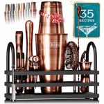 BARE BARREL® Cocktail Making Kit | 14-Piece Bartender Kit Cocktail Shaker Set Maker | Display Stand & 35 Recipe Cards | Mixology Cocktail Gift Set (800ml/28oz Boston Shaker, Copper/Black)