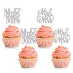 24Pcs Silver Glitter Mr & Mrs Cupcake Toppers Love Wedding Cupcake Toppers Bridal Shower Cake Pick Decorations for Bridal Shower Wedding Engagement Bachelorette Party Supplies