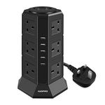 AUOPRO Surge Protector Extension Lead with USB Slots, Vertical Tower Power Strip Switched Desktop Charging Station, 12 Socket and 5 USB Slots, 2 Metre Extension Cable