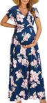 OUGES Summer Maternity Maxi Dress Wrap V Neck Baby Shower Pregnancy Dresses for Photoshoot(Floral-13, Medium)