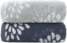 Pidada Hand Towels Set of 2 Hydrangea Floral Pattern 100% Cotton Absorbent Soft Towel for Bathroom (Light Grey & Denim Blue)