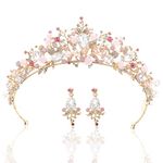 Yellow Chimes Tiara for Women and Girls Gold Plated Crown With Earrings for Women Multicolor Crystal Studded Bridal Wedding Crown Tiaras for Women Birthday Gifts For Women Valentine Gift for Girls