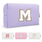 Personalized Makeup Bag Initial A-Z Preppy Patch Bag,Small PU Leather Travel Cosmetic Bag Pouch with Zipper,Purple Cute Toiletry Bag,Gift Ideal for Teen Girls Women Birthday Friend Mom,Latter M