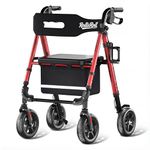 RollisRoll Walkers for Seniors with Seat, Lightweight Foldable Rollator Walker, Built in Cable, Reinforced Aluminum Frame, 8" Big Rubber Wheels for All Terrain, Adjustable Height, 350lb Weight Capacity, Red