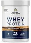 Ancient Nutrition Grass Fed Whey Protein, Chocolate Peanut Butter, 23g Protein, 18 Servings, Hydrolyzed Collagen Peptides, Organic Regenerative A2/A2 Milk Protein